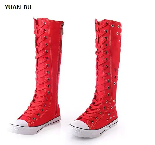 

Genuine Women Boots Knee-High Cheerleaders Dance Shoes Side Zip Canvas Sweat-Absorbant Cross-tied Air Hole Hollow Big size