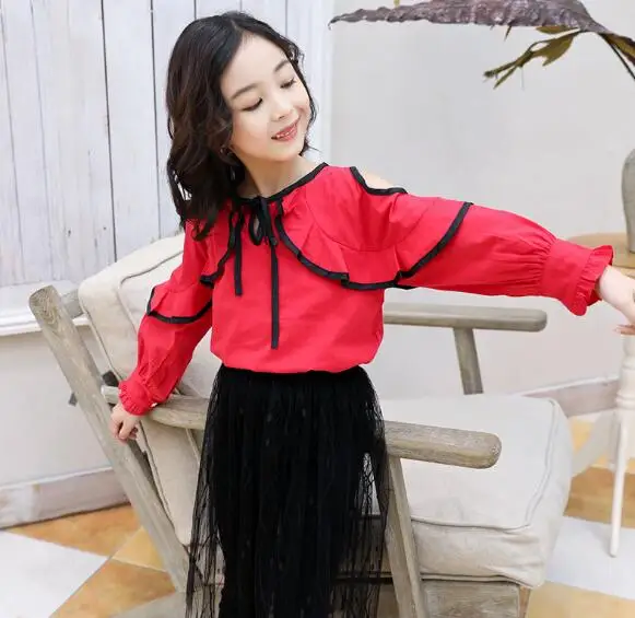 Girls' Summer Off Shoulder Blouses - Kids' White Shirts for Children Clothes - Infant Tops Girls' Blouses - Blusas Red Shirt image 4