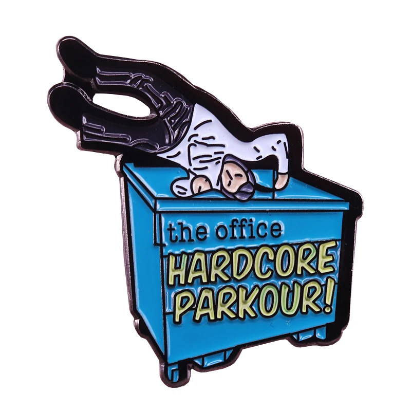 

Hardcore parkour lapel pin backflip into the trash can funny badge The office fans gift pop culture brooch