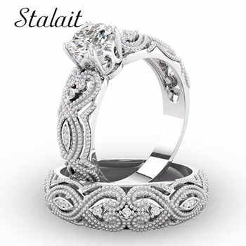 

Engagement Ring Sets Elegant Fashion Jewelry White Cubic Zirconia Crystal Silver Color Wedding Rings Bague Femme
