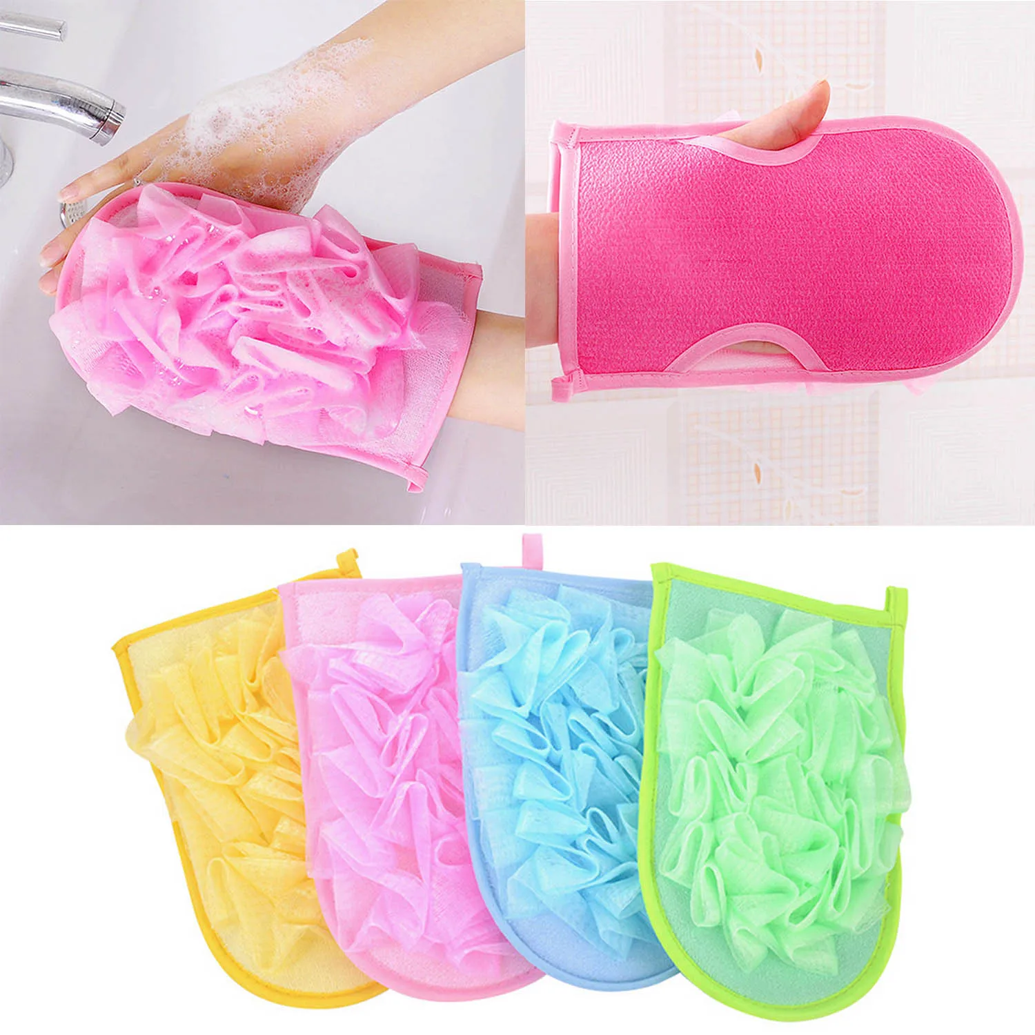 

Behogar 4PCS Assorted Colors Double-Sided Exfoliating Gloves Mitt Towel for SPA Removes Dead Skin Cells Exfoliating Glove Towel