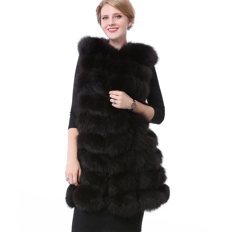 Valpeak Real Black Fox Fur Vest Winter Women Genuine Fox Fur Coat Natural Leather Fur Vest with Lining Coats