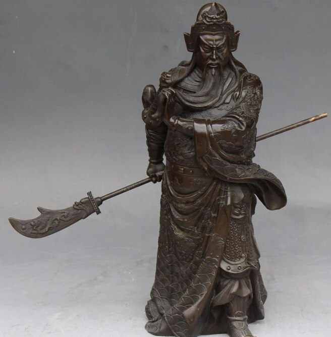 

Chinese Pure Bronze Guan Guan Yu Warrior God Knight General Dragon Sword Statue R0709 B0403
