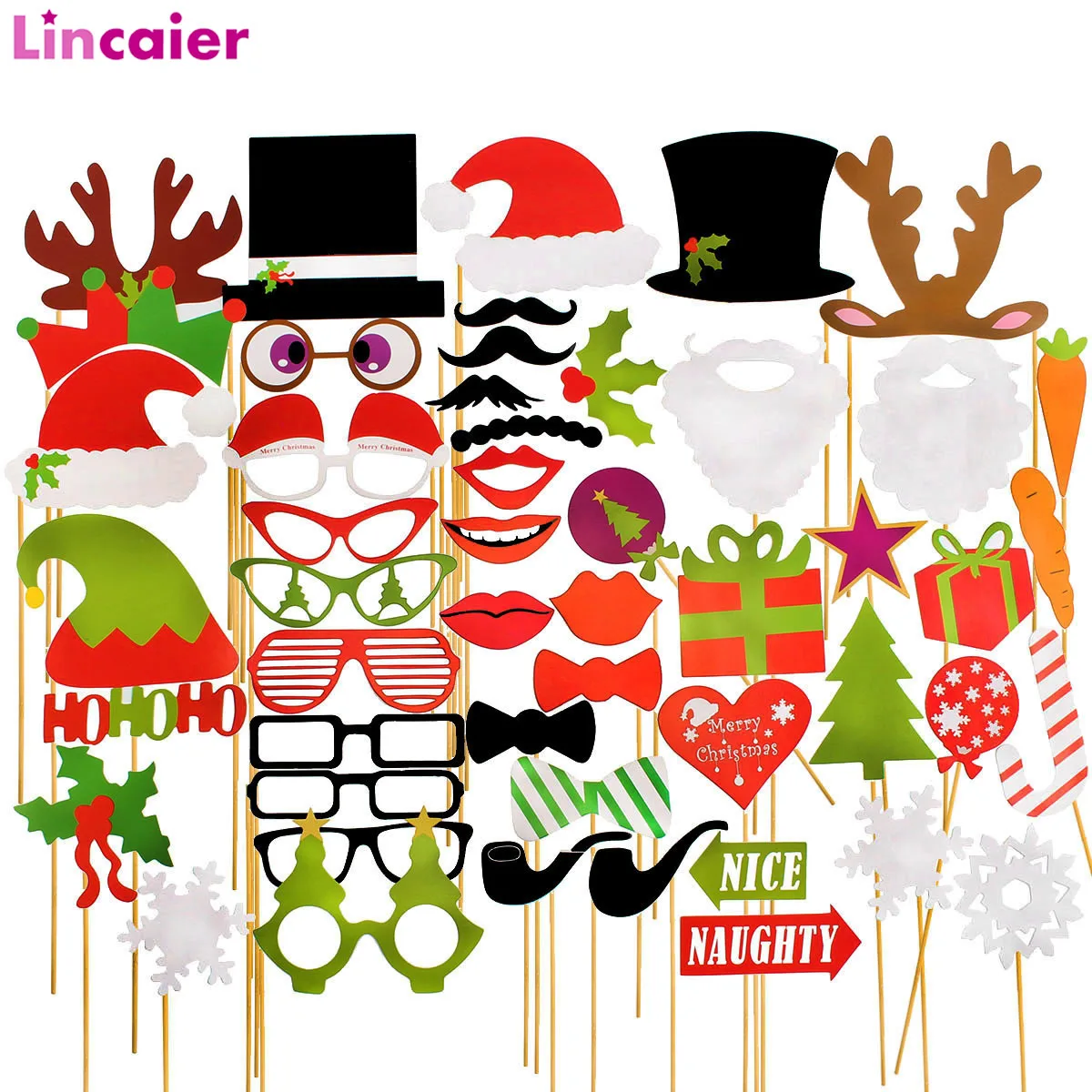 

50Pcs Photobooth Props Merry Christmas Decorations Santa Claus Tree Deer Ornaments Snowman Xmas For Home 2019