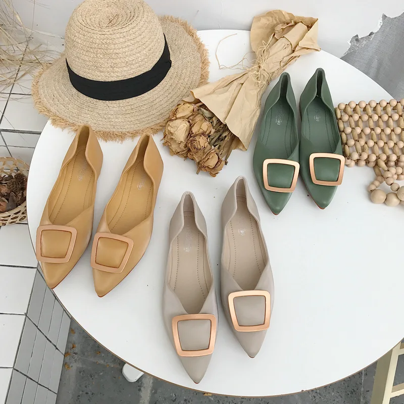 

autumn new brand shallow pointed toe loafers luxury brief real silk metal decoration soft bottom single shoes woman flats shoes