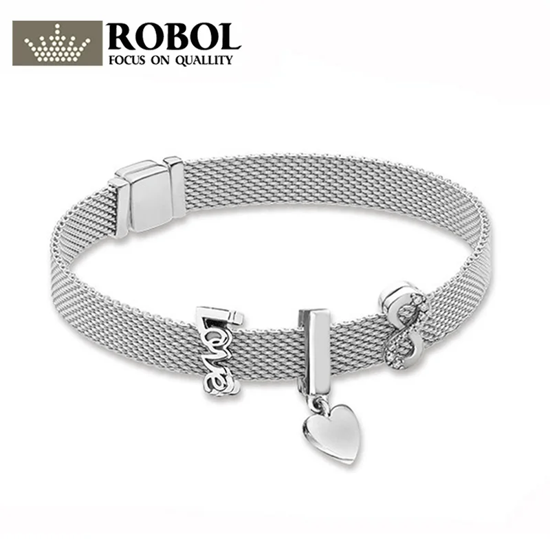 

ROBOL 100% 925 Sterling Silver New Reflexions Floating Heart Clip Charm Love Clip SPARKLING INFINITY CLIP CHARM Bracelet Set