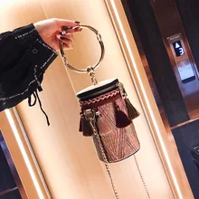 Кисточкой для женщин напульсники ведро с металлической ручкой-кольцом Tote сумки плечевые цепи через плечо Национальный полосатый молния женская сумка