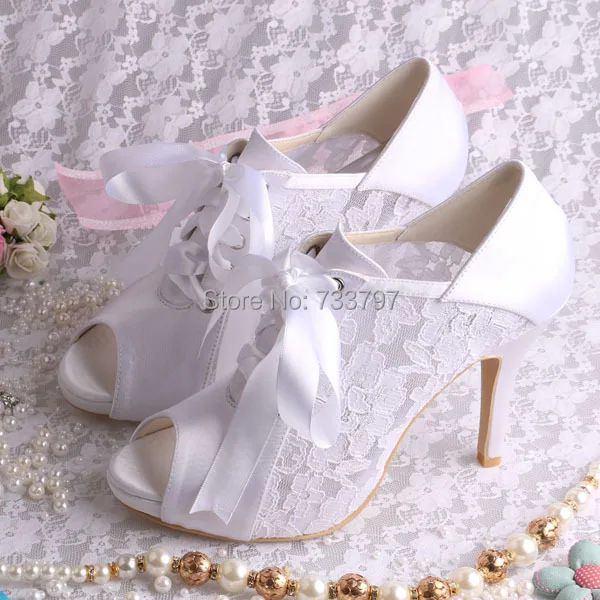 Wedopus Ribbon High Heels Lace Wedding Shoes Platform Elegant Bridal Boots Ankle Peep Toe