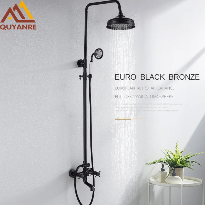

Quyanre Black Bronze 8" Shower Faucets Set Wall Mount Black Shower Dual Handles Mixer Tap Swivel Tub Spout Bath Shower Faucet