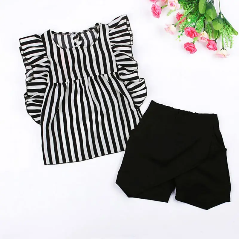 

New 2 Pcs Baby Girls Casual Clothes Set Sweet Girls Sleeveless Striped O-neck Tops + Shorts Set