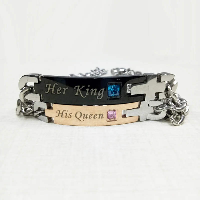 Unique Jewelry Gift for Lovers "His Queen" and "Her King" Couple Bracelets - Stainless Steel Bracelets For Women and Men 4