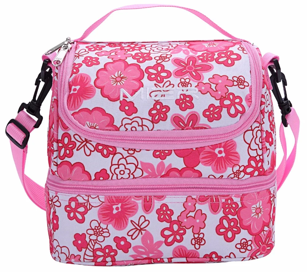 

MIER Double Decker Insulated Lunch Box Pink Soft Cooler Bag Thermal Lunch Tote with Shoulder Strap (Pink Flower)