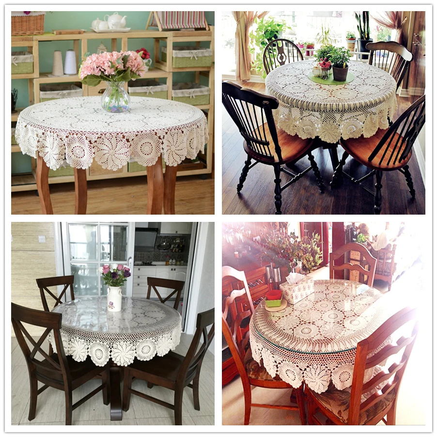 

Yazi Vintage White Flower Lace Table Cover Round Cotton Table Cloth Handmade Crochet Tablecloth 51inch