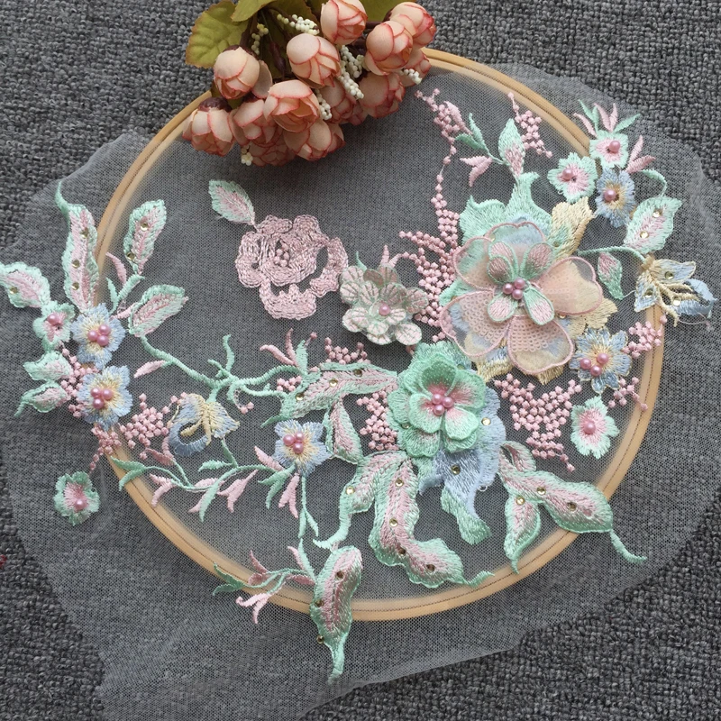 

2Pcs 35cm*26.5cm Fresh powder green beaded three-dimensional flower lace applique DIY wedding headwear accessories W475