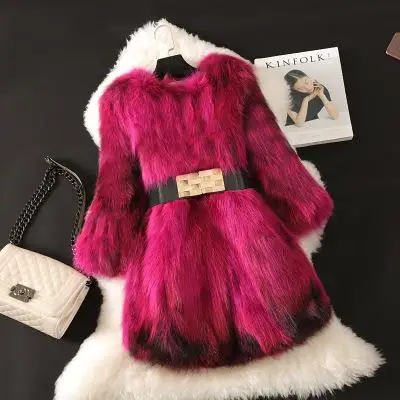 Шуба из натурального енота, зима мех лисы женские куртки с поясом длинный участок - Цвет: Розовый
