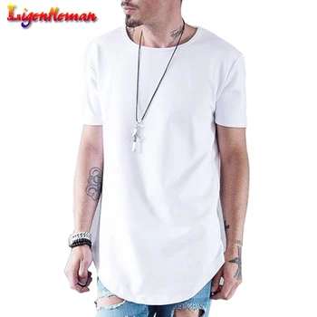 

Casual Summer Men Loose fit tshirt Solid Color Curve Hem Mens Long line T-shirt Hip Hop T shirt fashion Street Tee Shirts for