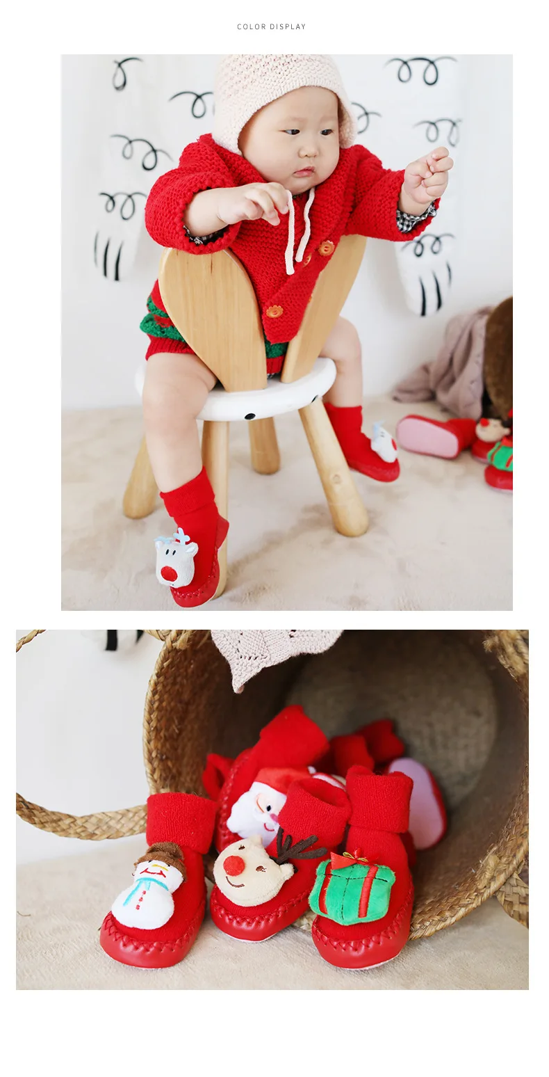 Новогодняя махровая утолщенная детская обувь с мультипликационным принтом осенне-зимние детские носки рождественские детские Нескользящие красные носки-тапочки для малышей