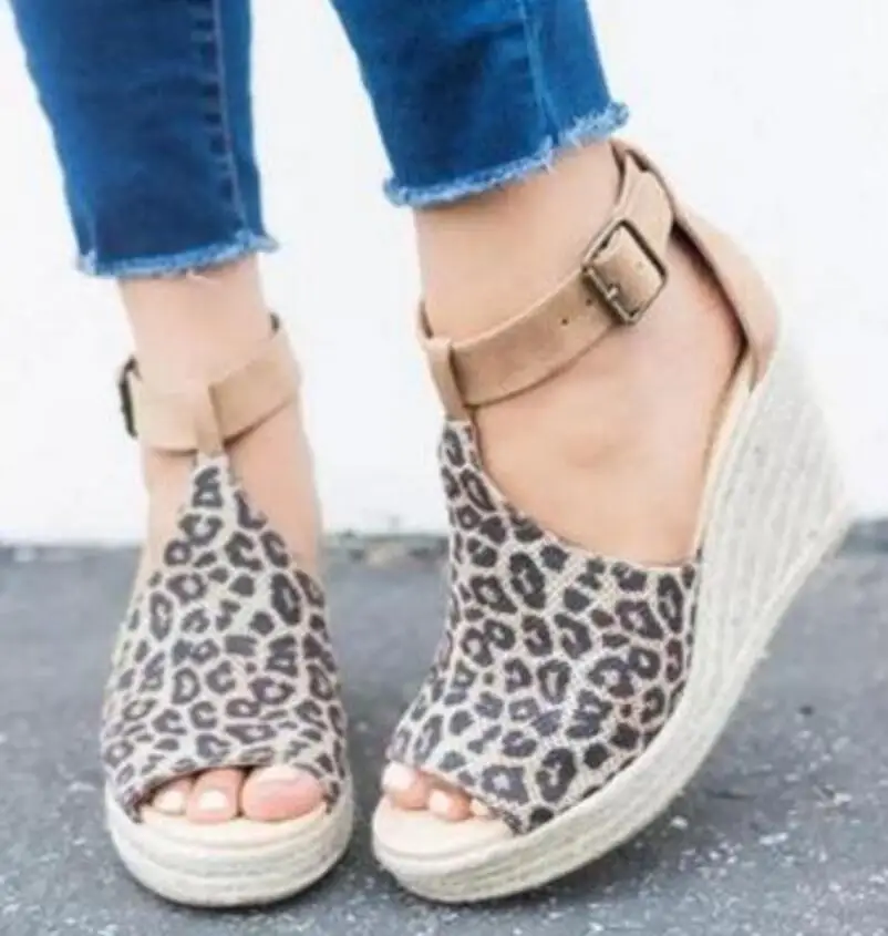 

New women leopard sandals summer peep toes gladiator roman shoes ladies platform espadrille wedge sandals