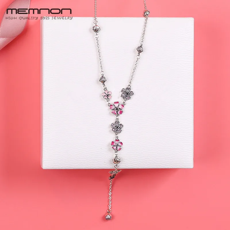 

Peach Blossom collection 925 sterling silver necklaces for women with Long chain Pink enamel necklace high quality original