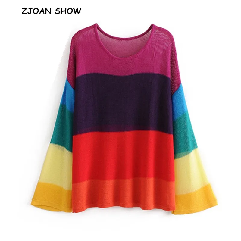 

Sexy Contrast color Stripe Hollow Out Hole Knit Pullover Sweater 2018 Autumn Women O neck Flare sleeve Long Knitwear Jumper Tops