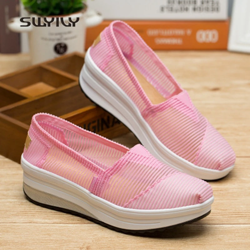 SWYIVY Women Toning Shoes Mesh Breathable Thick-sole Swing Shoes New Summer Hollow Ultra-light Soft Female Slimming