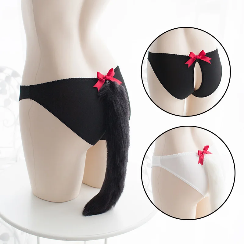 

Fox Tail Cute open crotch Sexy Lingerie Underwear Plush Hair Ball Kawaii Lolita Female Silk Briefs Panties Costumes Accessories