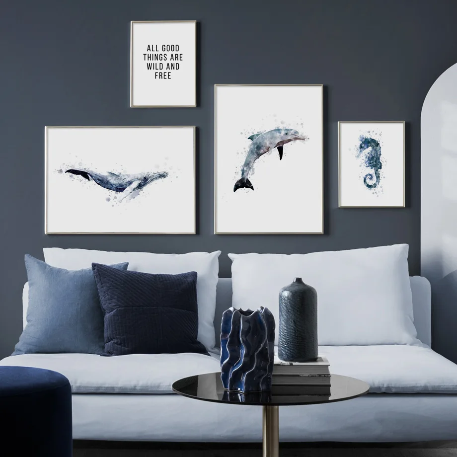 Акварельная Акула, дельфин, Кит, морской конек, настенная живопись на холсте, скандинавские плакаты и принты, настенные картины для декора гостиной