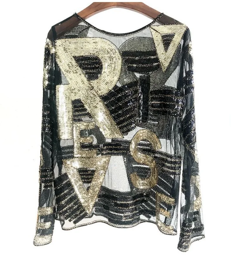 Letter Striped Beading Sequined Blouse Women 11