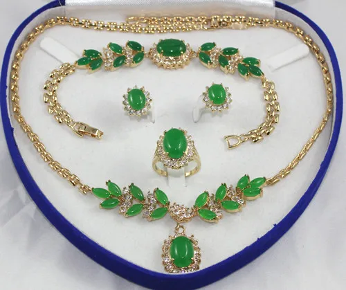 

Hot selling@> Noblese lady's 18KGP light green jade beaded flwoer necklace bracelet earring & ring Natural jewelry -Bride jewelr
