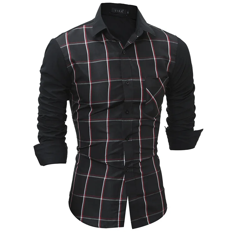 Checkerboard Casual Fashion Plain Slim Fit Men Shirt Patchwork Dress