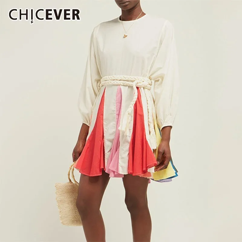 

CHICEVER Summer Bohemian Hit Color Hem Dress For Women O Neck Puff Sleeve High Waist Bandage Bow A-line Mini The Dresses 2019