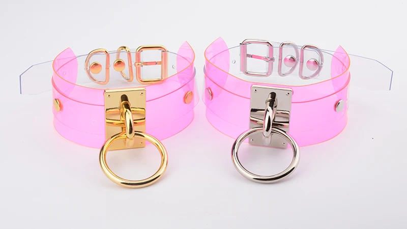 Harajuku Oversized Buckle Rock Double Layer Leather Collar Necklace Silver Gold 40mm O Round Fetish Bondage Sexy BDSM PVC Choker 9