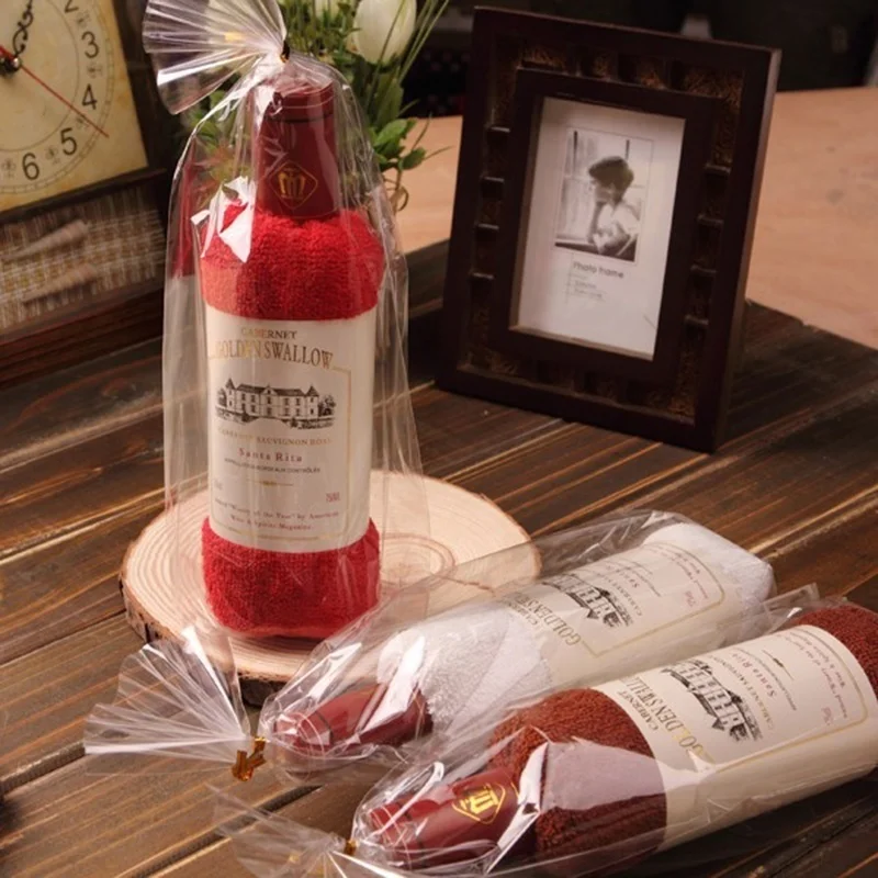 

1 Pcs Creative Wine Bottle Shaped Towel Gift Opp Bags Present Box Single Wine Bottle Cotton Towel Birthday Gift