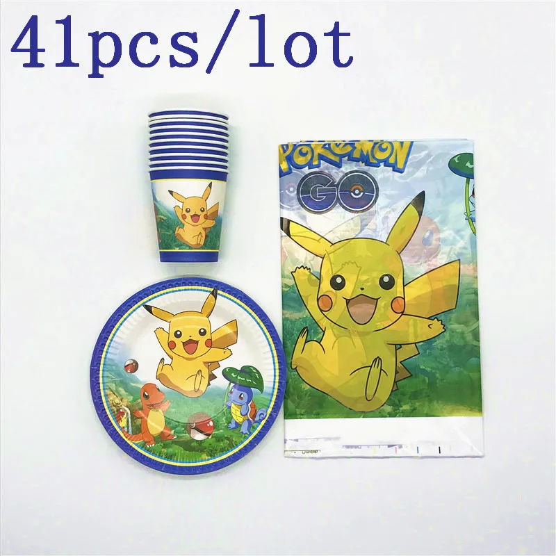 

New Arrival 41Pcs/Lot Pokemon Theme Design Event Party Tablecloth Plates Cups Boy Birthday Party Tablecover Decoration Supply