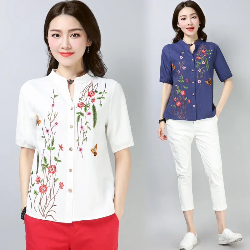 

2018 Summer Women's Embroidered Cotton Linen Shirt Women Short Sleeve Blouses Loose Linen Tops