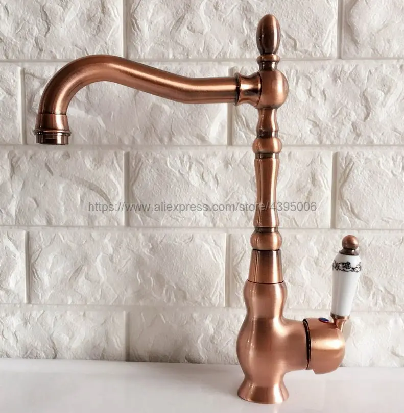 

Basin Faucets Antique Red Copper Bathroom Sink Faucet 360 Degree Swivel Spout Single Handle Bath kitchen Mixer Taps Bnf424