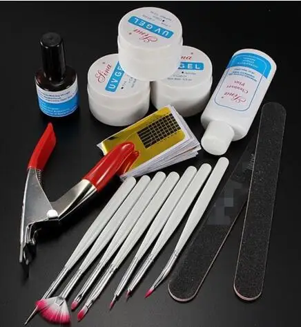 

Pro Nail Art Tips Design Acrylic UV Gel Builder Topcoat Cleanser Brush Sanding Basic starter Kit Set