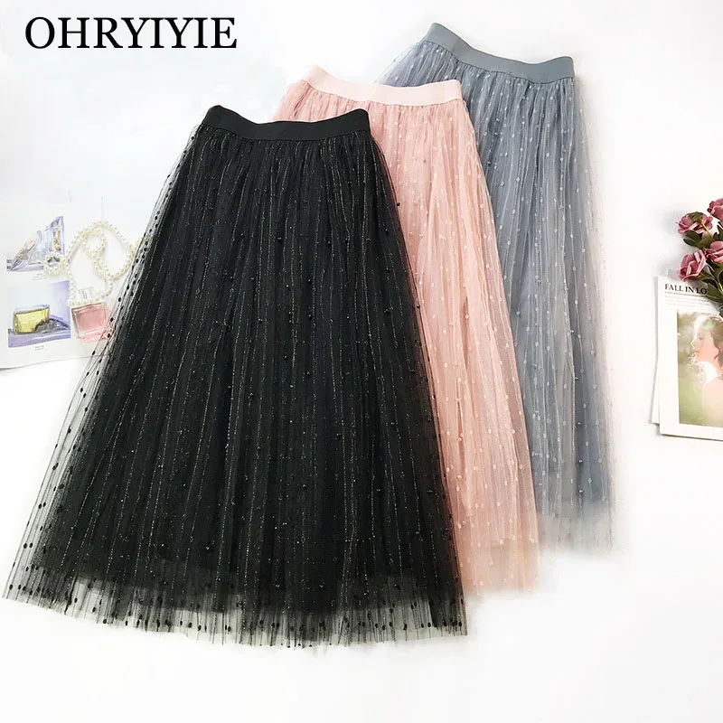 

OHRYIYIE Pearl Tulle Skirts Women 2019 New Spring Summer Beading Tutu Skirt Female Long Sweet Polka Dot Skirts Jupe Longue Femme