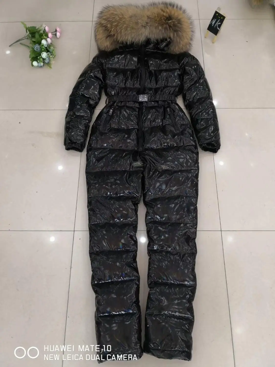 Женский комбинезон с капюшоном зимний из натурального меха Размеры M L XL