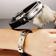 Серебро/золото выбрать 316L нержавеющая сталь застежка подлинный кожаный перекрестный браслет мужской хороший подарок