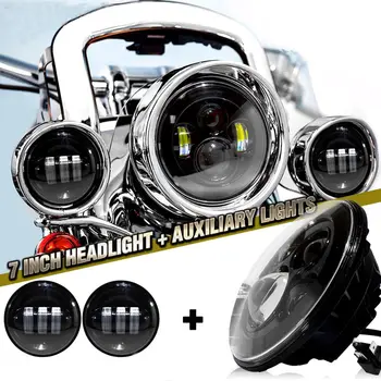 

7 Inch Black for Harley Motor LED Headlight+ 2x 4-1/2" Chrome Fog Light Passing Lamps for Harley Motorcycle Headlamp