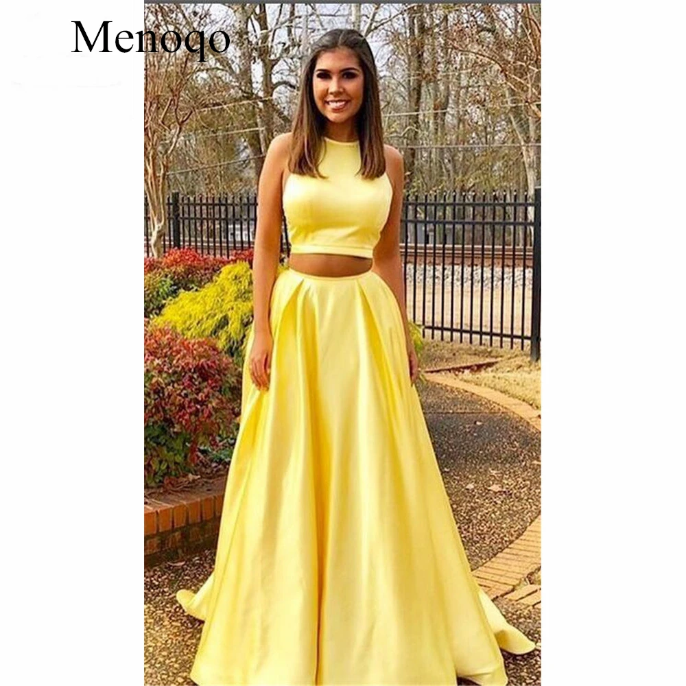 Yellow Two Pieces Gown Evening Dresses Long Prom Gown Pockets O-Neck Satin Formal Evening Party Dress for Women Custom Made_副本