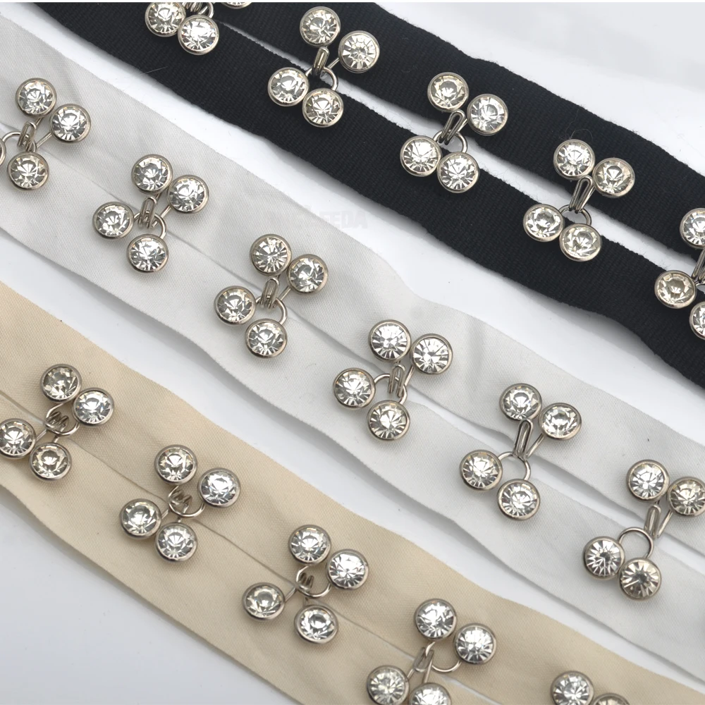 

customized handmade clear A glass rhinestone rivets on 2cm cotton tape brass nickle hook eye wedding dress decoration TP001