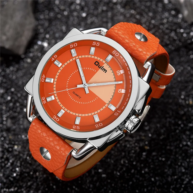 

Oulm Orange PU Leather Men's Watches Sport Military New Design Quartz Watch Male Luxury Brand Wristwatch Hours erkek kol saati