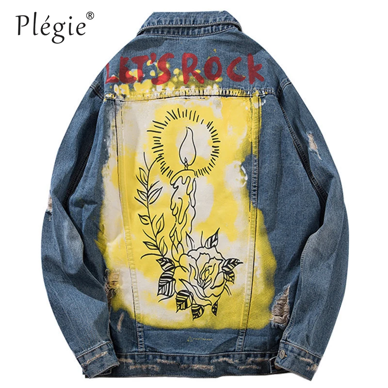 Plegie Distressed Denim Jacket Свеча для цветов огонь хип-хоп куртка джинсы уличной Для мужчин ретро деним Курточка бомбер рваные Plegie Distressed Denim Jacket Свеча для цветов огонь хип-хоп куртка джинсы уличной Для мужчин ретро деним Курточка бомбер рваные