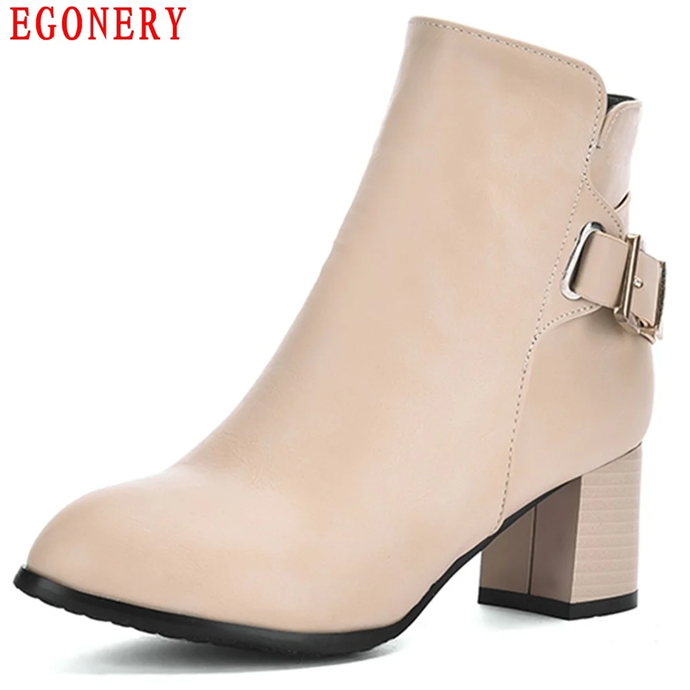 

EGONERY Quality Faux Leather Zipper Belt Square Heel Fashion Ankle Womens Boots Shoes Woman Motorcycle Boot