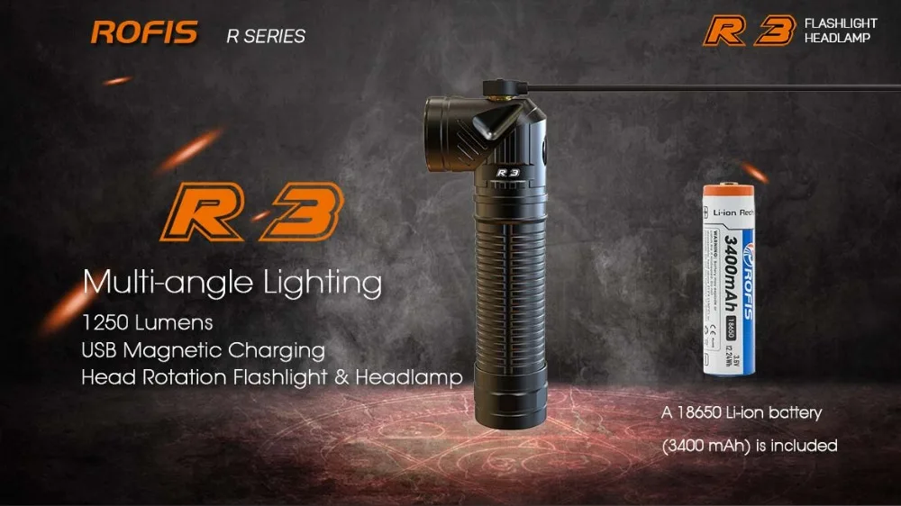 Rofis R3 фонарик CREE XM-L2 U3 светодиодный Макс. 1250 лм дальность луча 194 м регулируемая головка Магнитный фонарь для зарядки с аккумулятором