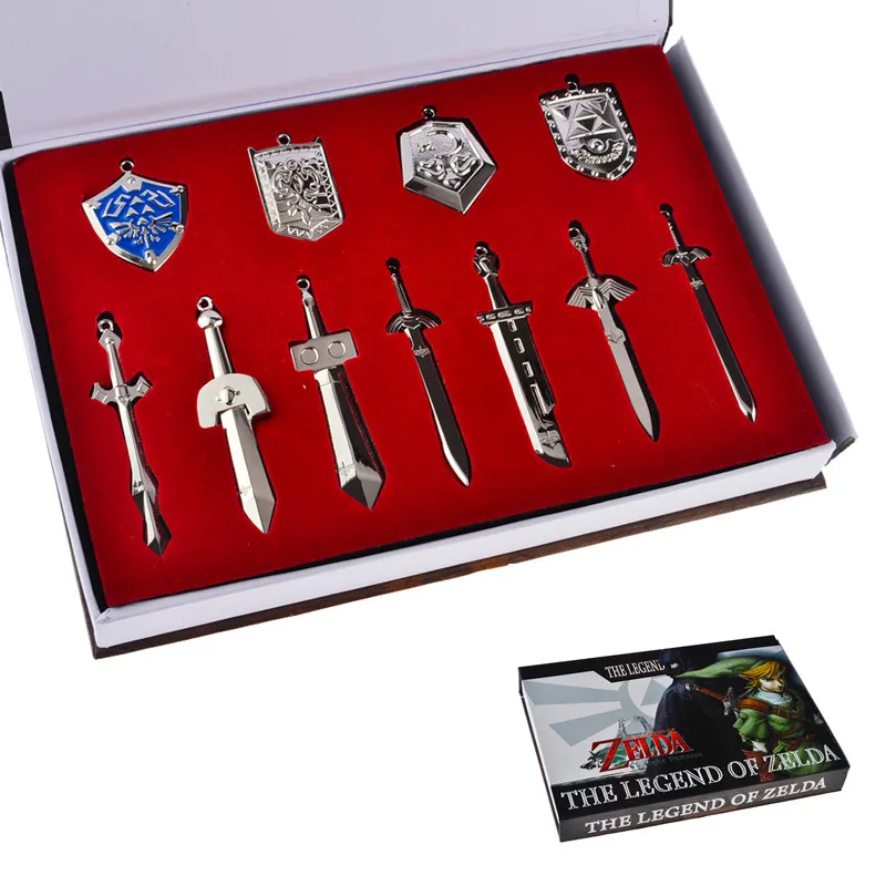 Set of 11 pcs Legend of Zelda Metal Shield Sword Blade Skyward Pendant Necklace