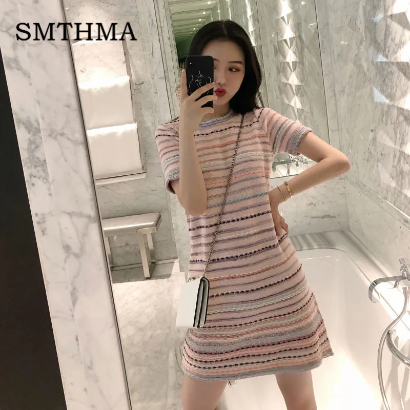 

SMTHMA 2019 New Fashion Women Knitt Summer Dresses Stripped Short sleeve Knitted Dresses Vestidoes