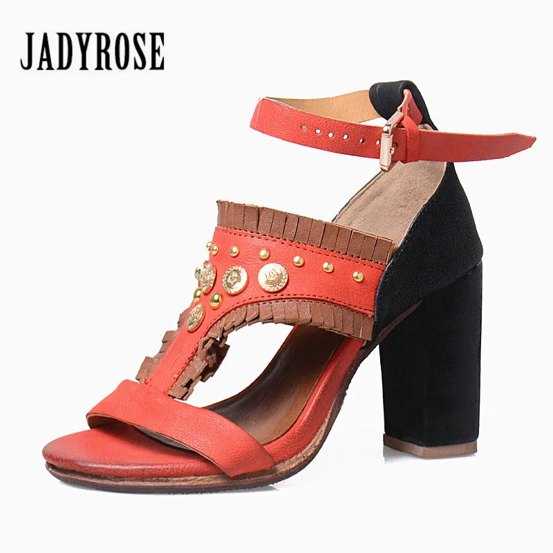 

Jady Rose Bohemian Gladiator Sandals Women Mixed Color Ankle Strap Ethnic Summer Sandal Rivets Studded High Heel Shoes Woman